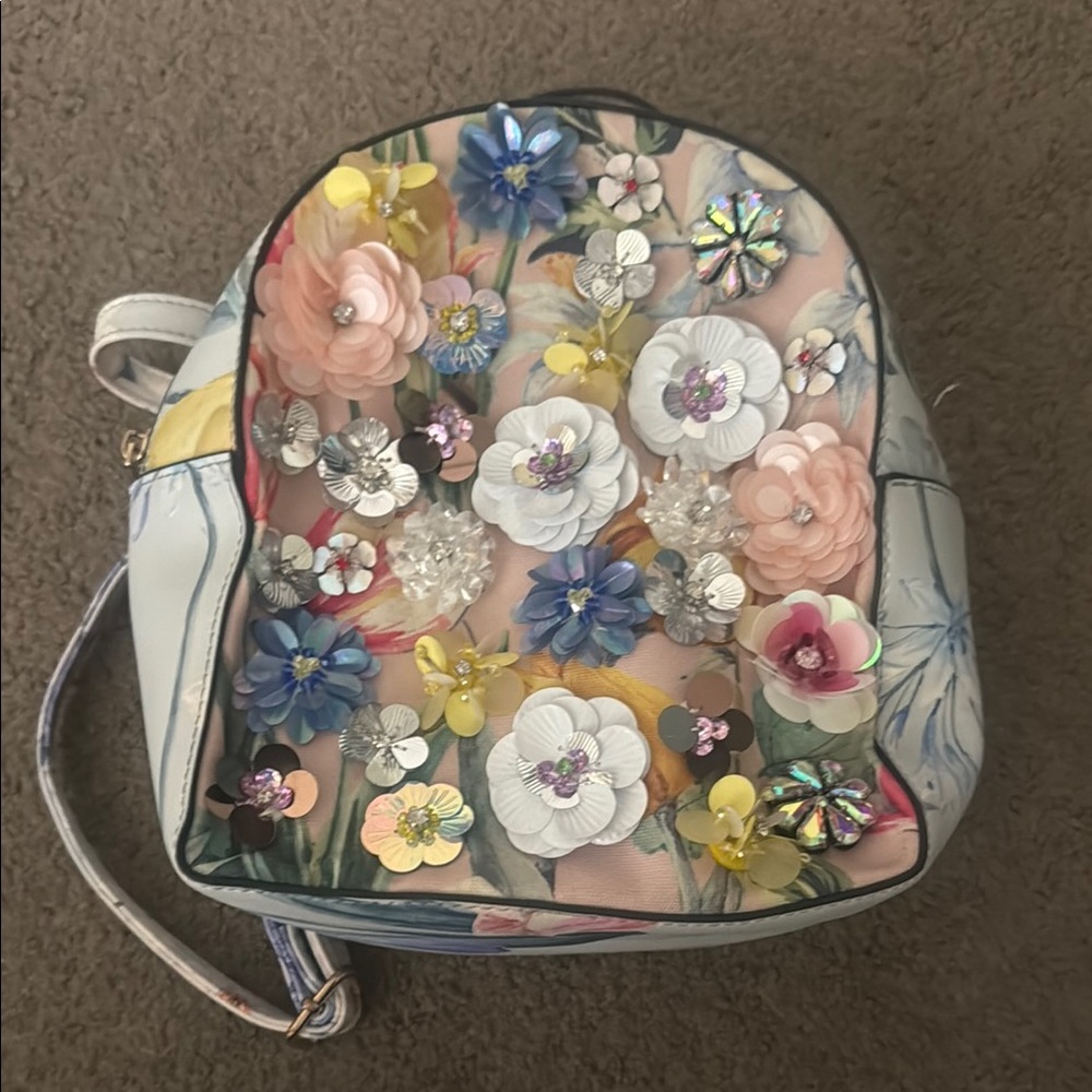 Aldo Pink and Blue Floral Backpack with Artistic Design